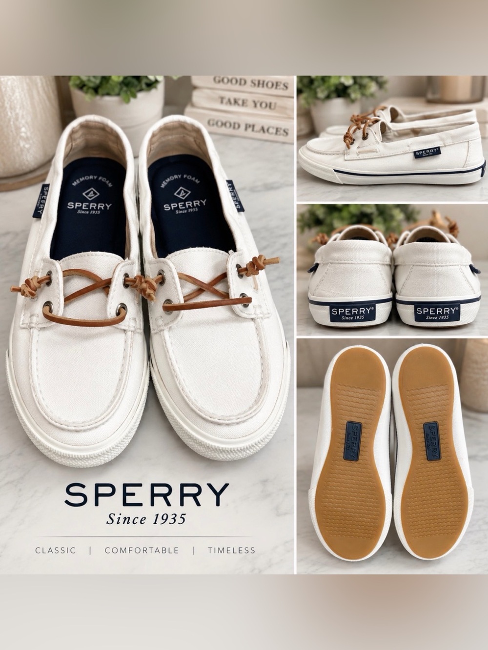 Sperry White Canvas Boat Shoes Leather Laces Size 6 NWOT